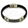 Stainless Steel Fancy Bracelet, Black Leather Finish, Steel Finish, 03.219.0002.09 (10 MM Thickness, 9 Inches Length)