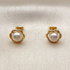 Oro Laminado Stud Earring, Gold Filled Style Flower Design, with Ivory Pearl, Polished, Golden Finish, 02.456.0018