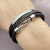 Stainless Steel Fancy Bracelet, Black Leather Finish, Steel Finish, 03.462.0002.09 (21 MM Thickness, 9 Inches Length)
