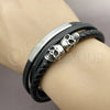 Stainless Steel Fancy Bracelet, Skull Design, Black Leather Finish, Steel Finish, 03.462.0003.09 (22 MM Thickness, 9 Inches Length)