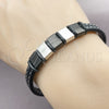 Stainless Steel Fancy Bracelet, Black Leather Finish, Steel Finish, 03.462.0016.09 (11 MM Thickness, 9 Inches Length)