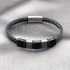Stainless Steel Fancy Bracelet, Black Leather Finish, Steel Finish, 03.462.0016.09 (11 MM Thickness, 9 Inches Length)