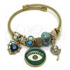Stainless Steel Individual Bangle, Evil Eye and Heart Design, with Indicolite and White Crystal, Turquoise Enamel Finish, Golden Finish, 07.463.0002 (03 MM Thickness, One size fits all)