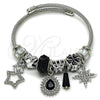 Stainless Steel Individual Bangle, Teardrop and Star Design, with Crystal and Jet Crystal, Black Enamel Finish, Steel Finish, 07.463.0024 (03 MM Thickness, One size fits all)
