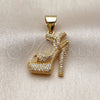 Oro Laminado Religious Pendant, Gold Filled Style Shoes Design, with White Cubic Zirconia, Polished, Golden Finish, 05.342.0257