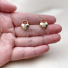 Oro Laminado Stud Earring, Gold Filled Style Heart and Lock Design, with White Micro Pave, Polished, Golden Finish, 02.342.0365