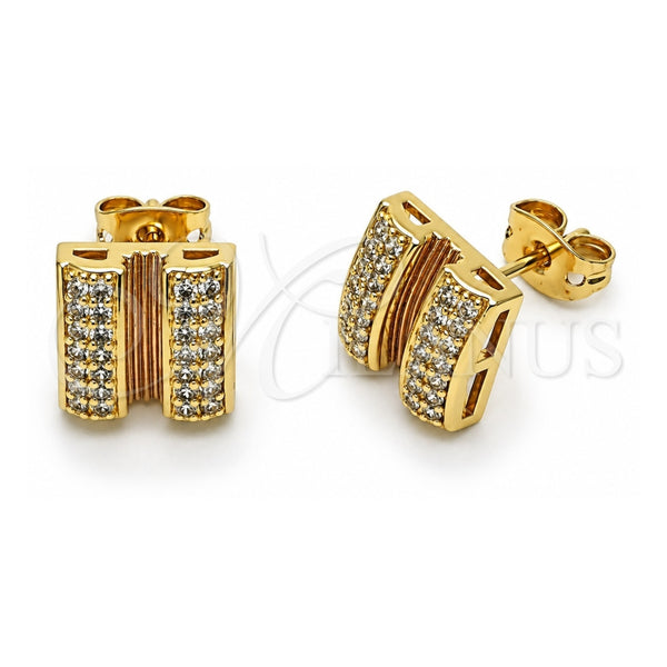 Oro Laminado Stud Earring, Gold Filled Style with White Micro Pave, Polished, Golden Finish, 02.342.0397