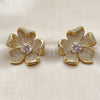 Oro Laminado Stud Earring, Gold Filled Style Flower Design, with White Cubic Zirconia, Polished, Golden Finish, 02.465.0011