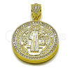 Oro Laminado Religious Pendant, Gold Filled Style San Benito Design, with White Cubic Zirconia, Polished, Golden Finish, 05.465.0009
