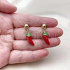 Oro Laminado Dangle Earring, Gold Filled Style Chili Design, Red Enamel Finish, Golden Finish, 02.465.0017