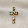 Oro Laminado Religious Pendant, Gold Filled Style Cross Design, with Multicolor Cubic Zirconia, Polished, Golden Finish, 05.465.0015