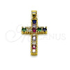 Oro Laminado Religious Pendant, Gold Filled Style Cross Design, with Multicolor Cubic Zirconia, Polished, Golden Finish, 05.465.0015