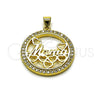 Oro Laminado Fancy Pendant, Gold Filled Style Mom and Heart Design, with White Cubic Zirconia, Polished, Golden Finish, 05.459.0014