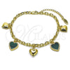 Oro Laminado Fancy Bracelet, Gold Filled Style Heart and Rolo Design, with Light Turquoise Mother of Pearl, Polished, Golden Finish, 03.383.0036.1.08 (Thickness, 8 Inches Length)