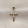 Oro Laminado Religious Pendant, Gold Filled Style Cross and Baguette Design, with White Cubic Zirconia, Polished, Golden Finish, 05.213.0210