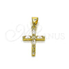 Oro Laminado Religious Pendant, Gold Filled Style Cross and Baguette Design, with White Cubic Zirconia, Polished, Golden Finish, 05.213.0210