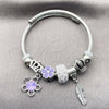Stainless Steel Individual Bangle, Flower and Leaf Design, with Violet Crystal, Purple Enamel Finish, Rhodium Finish, 07.454.0012 (03 MM Thickness, One size fits all)