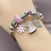 Stainless Steel Individual Bangle, Flower and Leaf Design, with Light Rose Crystal, Pink Enamel Finish, Rhodium Finish, 07.454.0019 (03 MM Thickness, One size fits all)