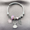 Stainless Steel Individual Bangle, Flower and Leaf Design, with Light Rose Crystal, Pink Enamel Finish, Rhodium Finish, 07.454.0019 (03 MM Thickness, One size fits all)
