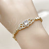 Oro Laminado Fancy Bracelet, Gold Filled Style Heart Design, with White Cubic Zirconia, Polished, Golden Finish, 03.130.0022.07 (05 MM Thickness, 8 Inches Length)