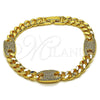 Oro Laminado Fancy Bracelet, Gold Filled Style Puff Mariner and Miami Cuban Design, with White Cubic Zirconia, Polished, Golden Finish, 03.130.0028.07 (Thickness, 7 Inches Length)