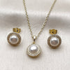 Oro Laminado Earring and Pendant Adult Set, Gold Filled Style Cluster Design, with Ivory Pearl and White Micro Pave, Polished, Golden Finish, 10.379.0112