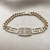 Oro Laminado Fancy Bracelet, Gold Filled Style Greek Key and Miami Cuban Design, with White Micro Pave, Polished, Golden Finish, 03.283.0565.07 (Thickness, 7 Inches Length)