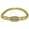 Oro Laminado Fancy Bracelet, Gold Filled Style Greek Key and Miami Cuban Design, with White Micro Pave, Polished, Golden Finish, 03.283.0565.07 (Thickness, 7 Inches Length)