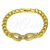 Oro Laminado Fancy Bracelet, Gold Filled Style Belt Buckle and Teardrop Design, with White Cubic Zirconia, Polished, Golden Finish, 03.283.0575.07 (Thickness, 8 Inches Length)