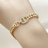 Oro Laminado Fancy Bracelet, Gold Filled Style Puff Mariner Design, with White Micro Pave, Polished, Golden Finish, 03.283.0576.07 (Thickness, 8 Inches Length)