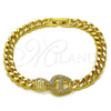 Oro Laminado Fancy Bracelet, Gold Filled Style Puff Mariner Design, with White Micro Pave, Polished, Golden Finish, 03.283.0576.07 (Thickness, 8 Inches Length)