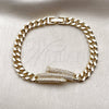 Oro Laminado Fancy Bracelet, Gold Filled Style Nail and Miami Cuban Design, with White Micro Pave, Polished, Golden Finish, 03.283.0577.07 (Thickness, 8 Inches Length)