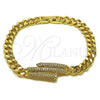Oro Laminado Fancy Bracelet, Gold Filled Style Nail and Miami Cuban Design, with White Micro Pave, Polished, Golden Finish, 03.283.0577.07 (Thickness, 8 Inches Length)