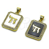 Oro Laminado Religious Pendant, Gold Filled Style Judaica Design, with Black Mother of Pearl and White Micro Pave, Polished, Golden Finish, 05.459.0039.1