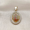 Oro Laminado Religious Pendant, Gold Filled Style Guadalupe Design, with White Cubic Zirconia, Polished, Golden Finish, 05.253.0208
