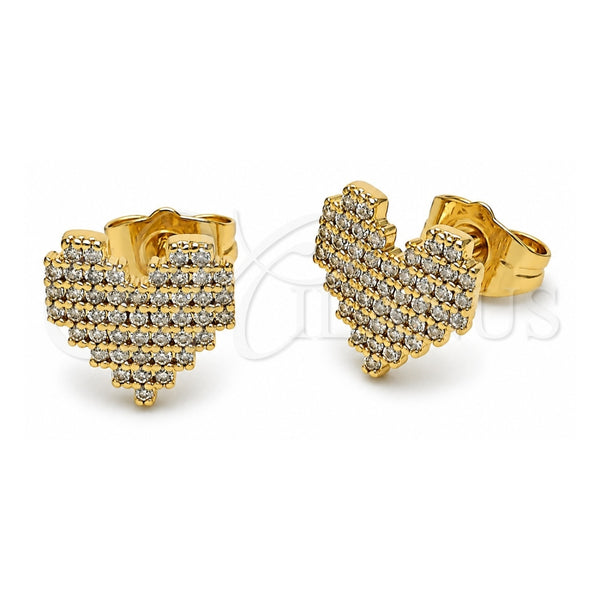 Oro Laminado Stud Earring, Gold Filled Style Heart Design, with White Micro Pave, Polished, Golden Finish, 02.100.0133