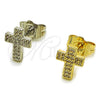 Oro Laminado Stud Earring, Gold Filled Style Cross Design, with White Micro Pave, Polished, Golden Finish, 02.100.0144