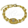 Oro Laminado Fancy Bracelet, Gold Filled Style Puff Mariner Design, with White Cubic Zirconia, Polished, Golden Finish, 03.266.0092.07 (09 MM Thickness, 8 Inches Length)