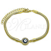 Oro Laminado Fancy Bracelet, Gold Filled Style Evil Eye and Rat Tail Design, with White Micro Pave, Blue Enamel Finish, Golden Finish, 03.60.0177.07 (03 MM Thickness, 7 Inches Length)