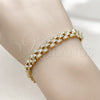 Oro Laminado Tennis Bracelet, Gold Filled Style Belt Buckle Design, with White Micro Pave, Polished, Golden Finish, 03.283.0601.07 (07 MM Thickness, 8 Inches Length)