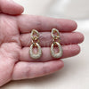 Oro Laminado Long Earring, Gold Filled Style Teardrop Design, with White Micro Pave, Polished, Golden Finish, 02.297.0009