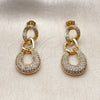Oro Laminado Long Earring, Gold Filled Style Teardrop Design, with White Micro Pave, Polished, Golden Finish, 02.297.0009