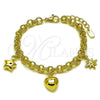 Oro Laminado Fancy Bracelet, Gold Filled Style Heart and Star Design, with White Cubic Zirconia, Polished, Golden Finish, 03.213.0445.07 (Thickness, 7 Inches Length)