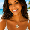 Oro Laminado Fancy Pendant, Gold Filled Style Shell Design, with Multicolor Cubic Zirconia, White Enamel Finish, Golden Finish, 05.459.0067