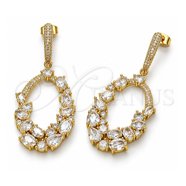 Oro Laminado Long Earring, Gold Filled Style Teardrop Design, with White Cubic Zirconia and White Micro Pave, Polished, Golden Finish, 02.282.0204