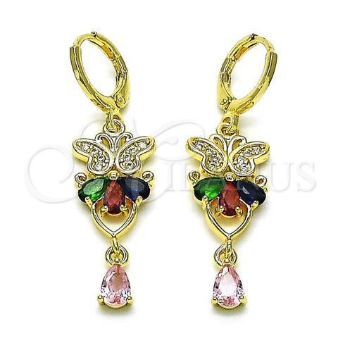 Oro Laminado Long Earring, Gold Filled Style Butterfly and Teardrop Design, with White Micro Pave and Multicolor Cubic Zirconia, Polished, Golden Finish, 02.196.0097