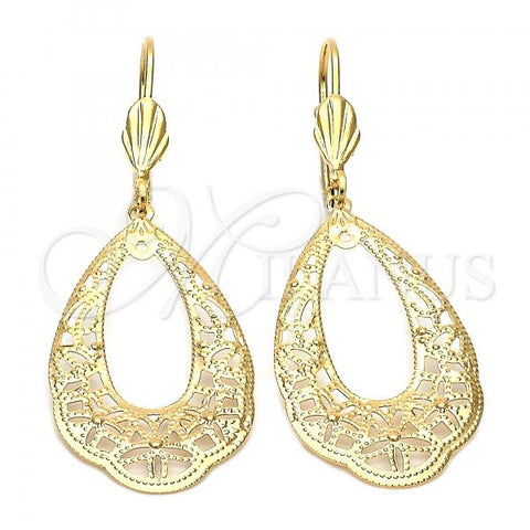 Oro Laminado Dangle Earring, Gold Filled Style Flower Design, Diamond Cutting Finish, Golden Finish, 5.078.005