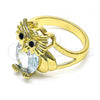 Oro Laminado Multi Stone Ring, Gold Filled Style Owl Design, with White and Black Cubic Zirconia, Polished, Golden Finish, 01.380.0016.09