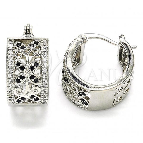 Rhodium Plated Small Hoop, Flower and Leaf Design, with Black and White Cubic Zirconia, Polished, Rhodium Finish, 02.210.0293.5.20