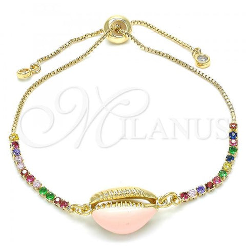 Oro Laminado Adjustable Bolo Bracelet, Gold Filled Style Shell Design, with Multicolor Cubic Zirconia, Pink Enamel Finish, Golden Finish, 03.63.2090.1.10